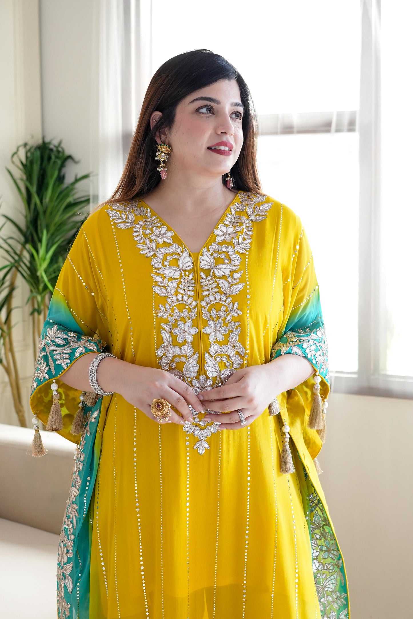 Nazma Yellow Gota Detailing Kaftan Set