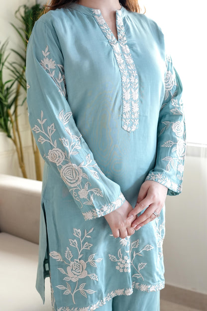 Simin Blue Thread Floral Embroidered Co ord Set