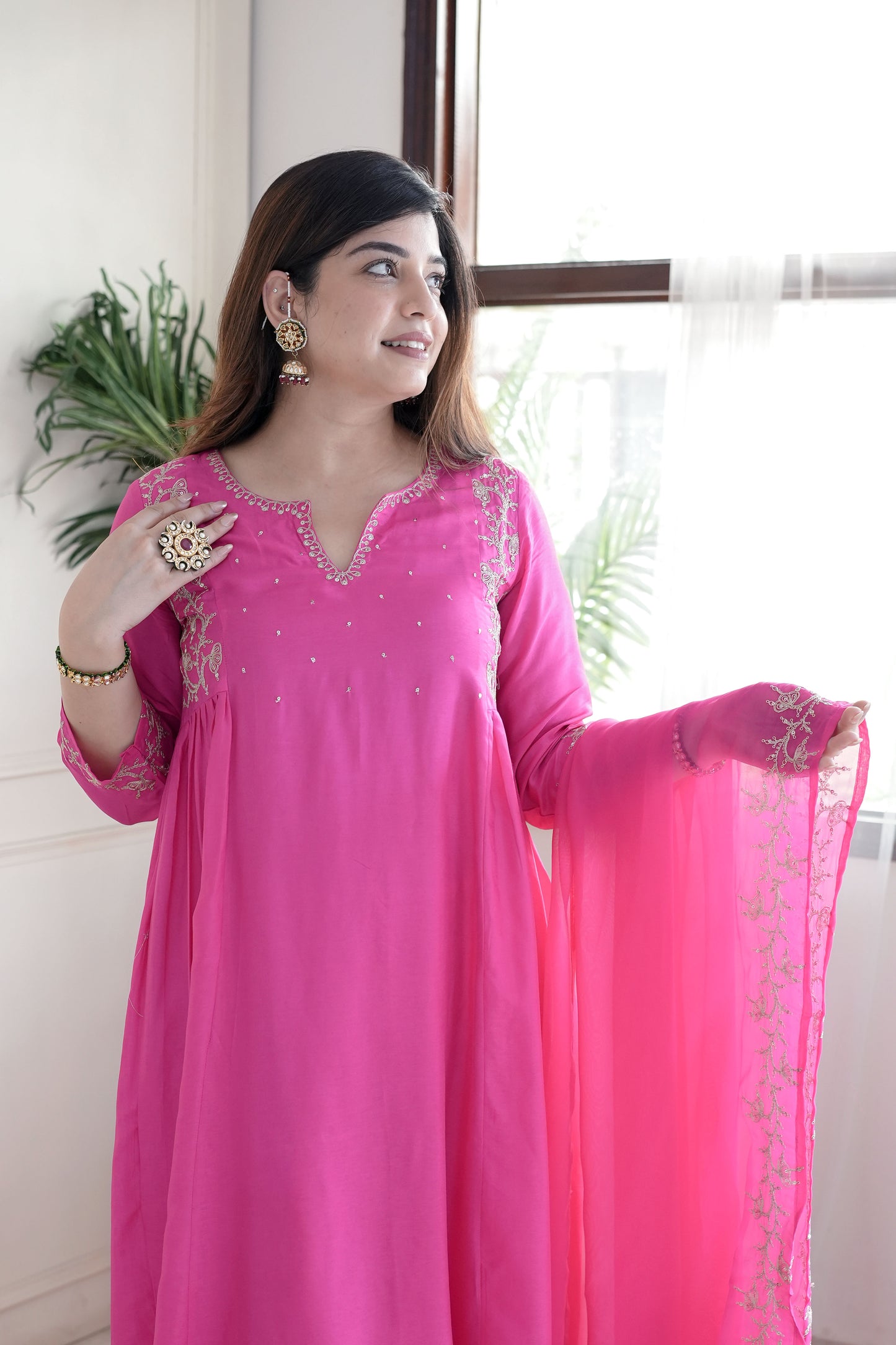 Simar Hot Pink Embroidered Anarkali Suit Set