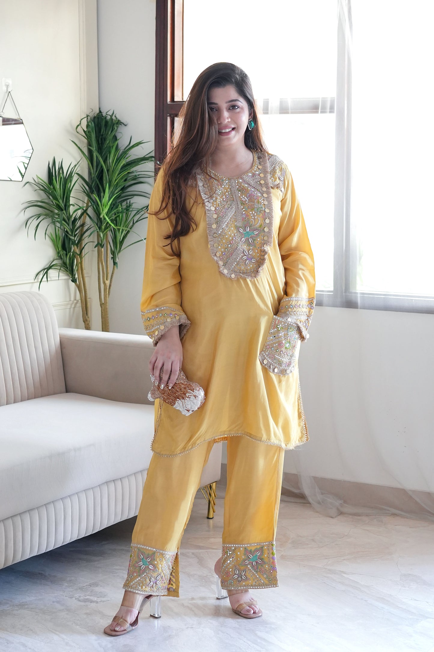 Rafia Yellow Embroidered Co ord Set