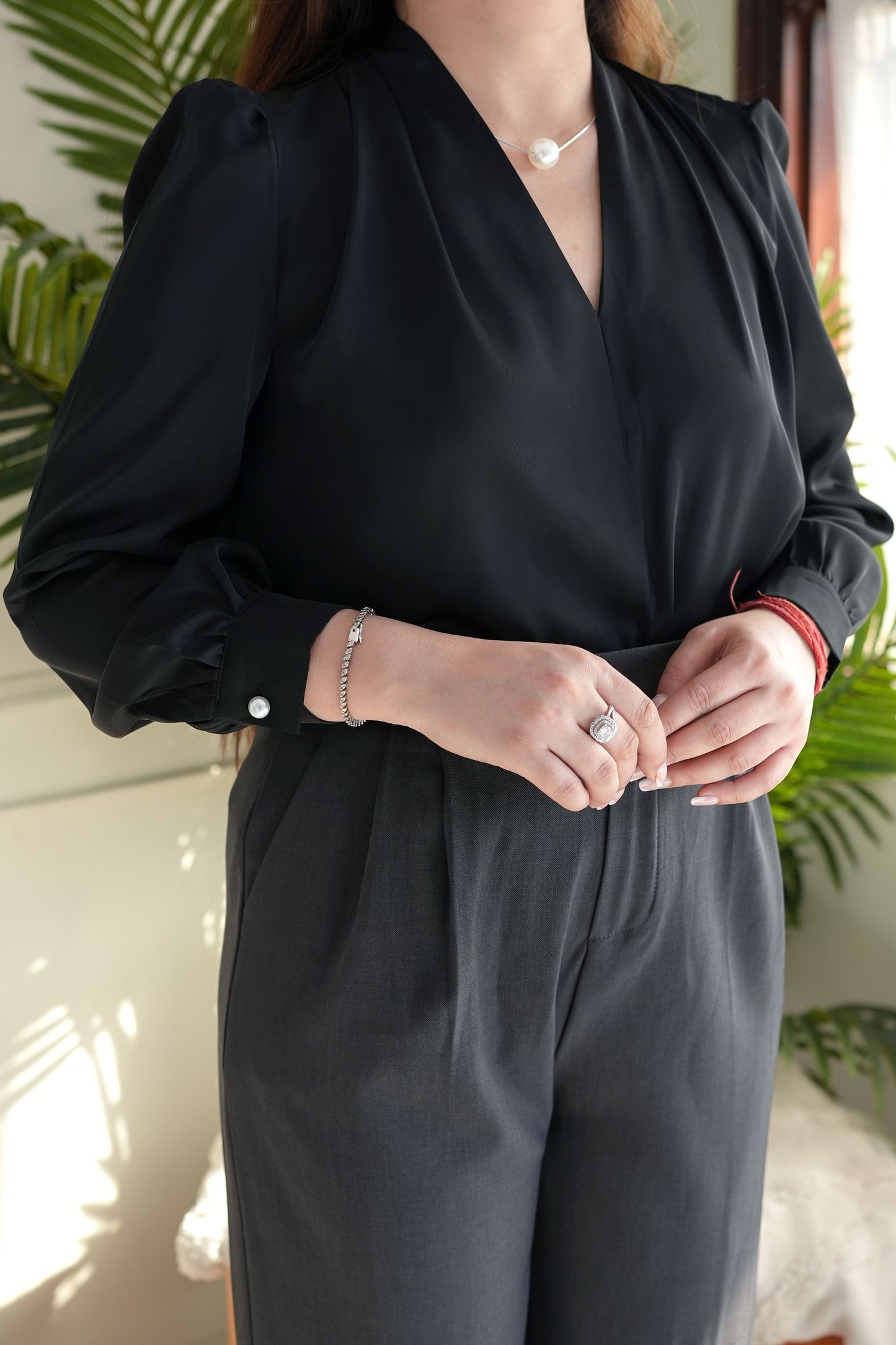 Bea Black Satin Top with Attached Pearl Pendant