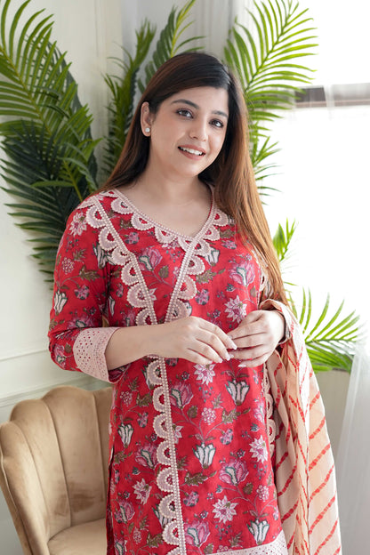 Meet Red Printed Cotton Suit Set