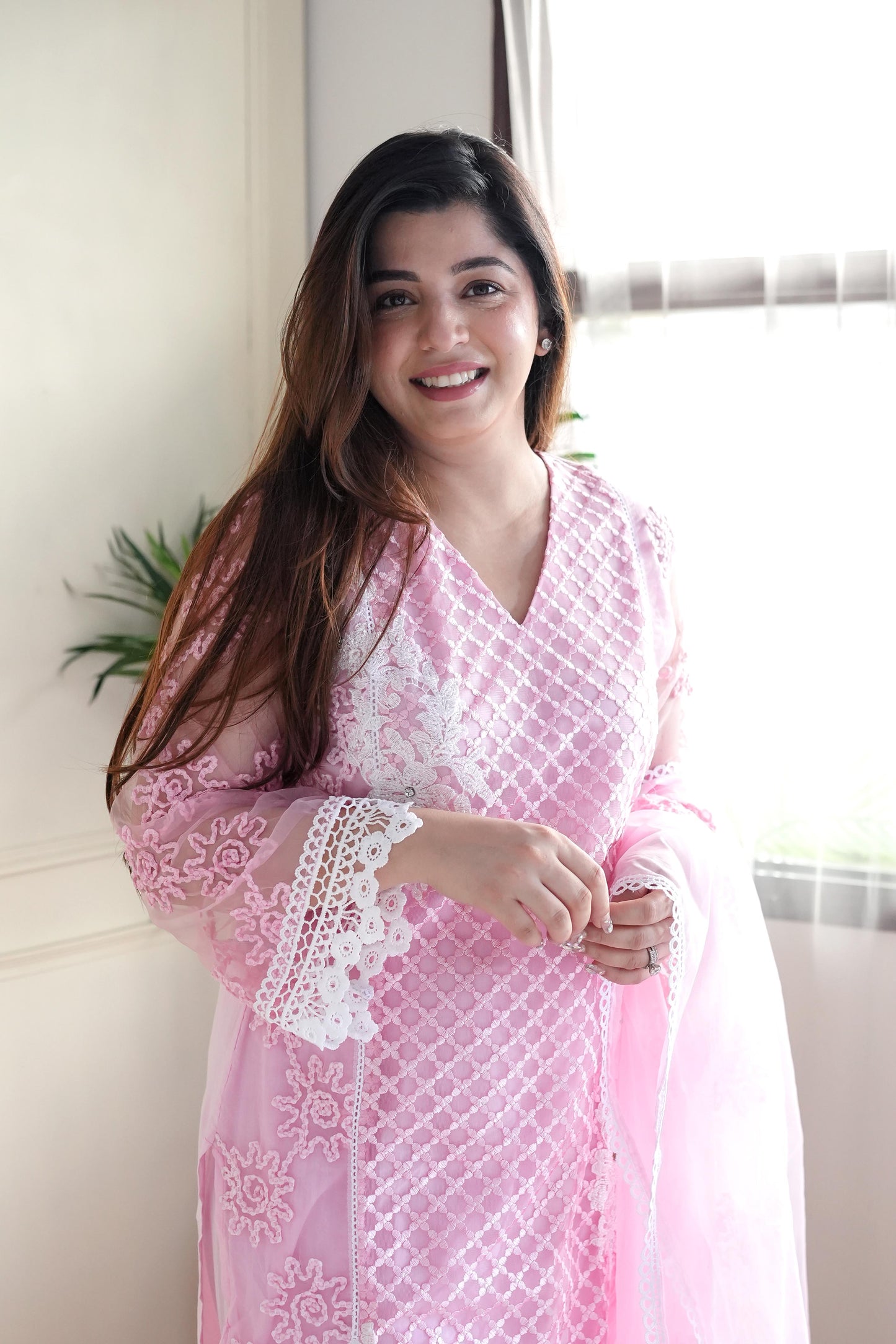 Beena Pink Lace Detailing Suit Set