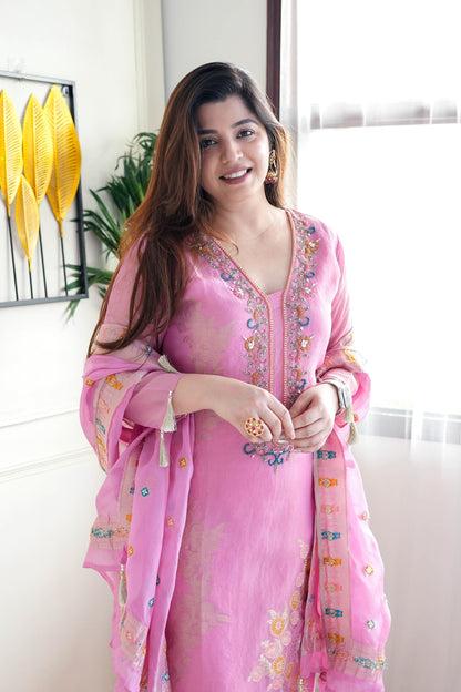 Begum Pink Silk Embroidered Suit Set