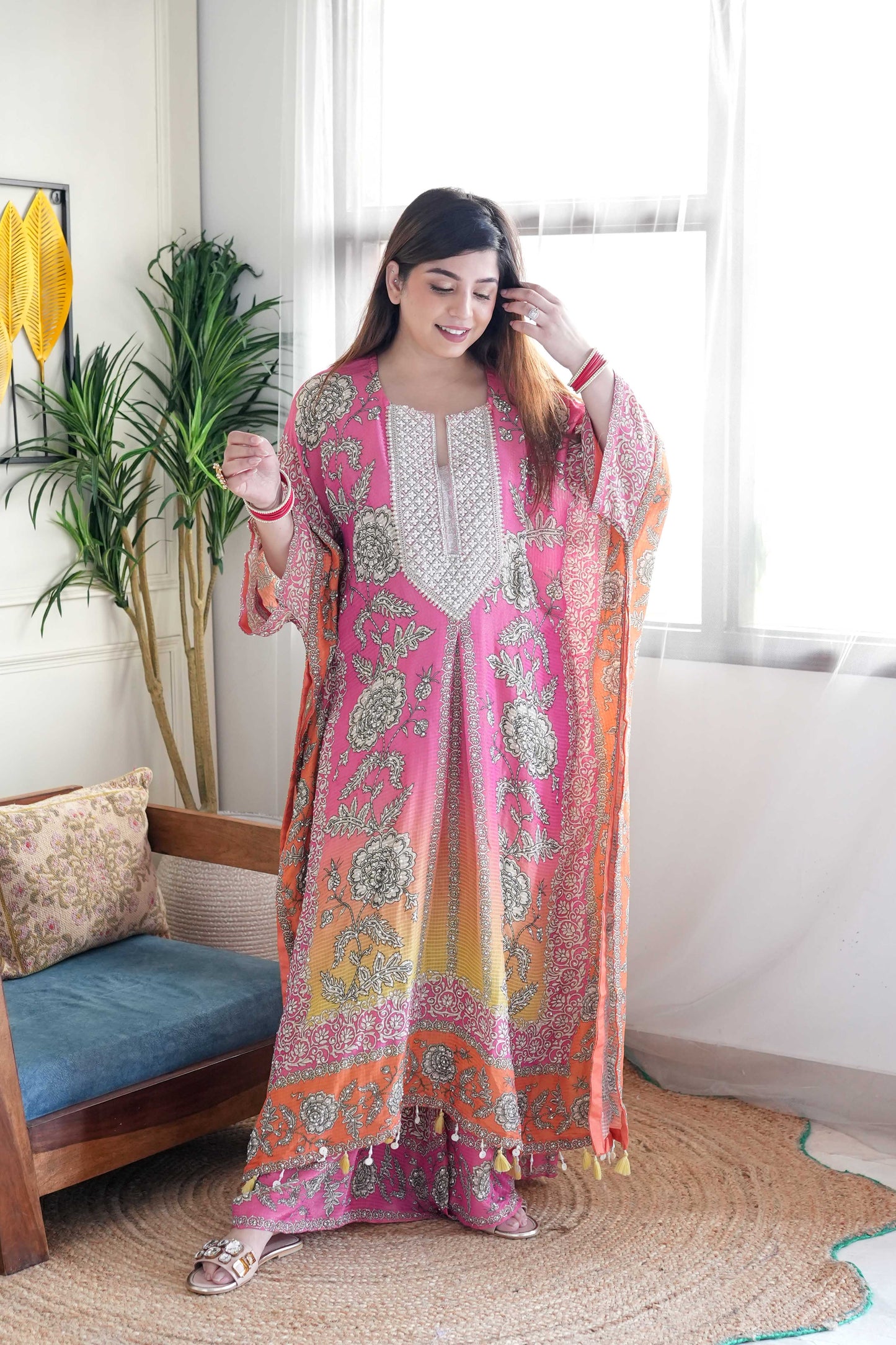 Sehrat Pink Ombre Printed Kaftan Set with Neck Embroidery