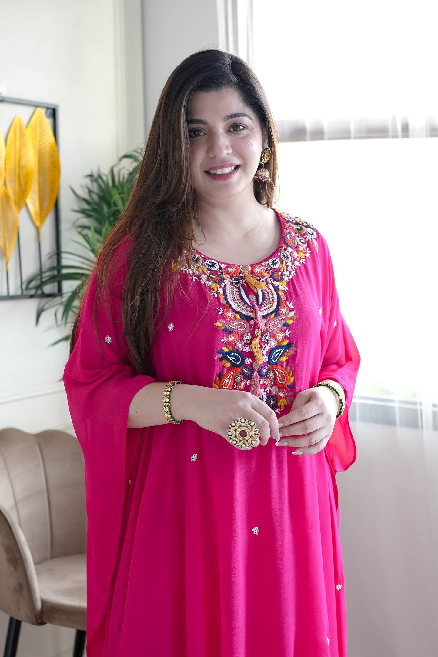 Yumna Hot Pink Embroidered Kaftan Set