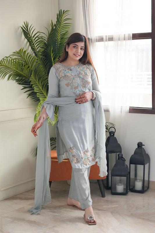 Grey Embroidered Silk Suit