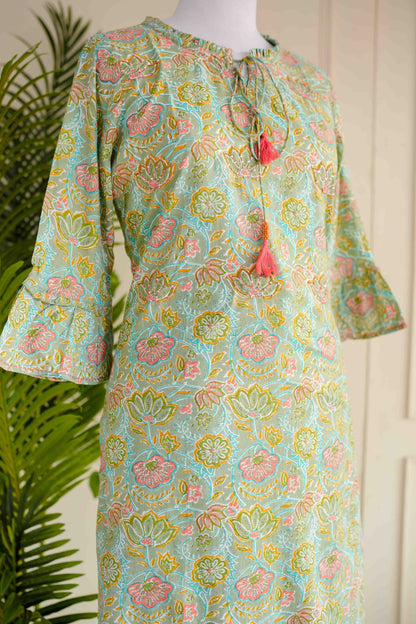 Green Frill Sleeves Printed Plazo Set