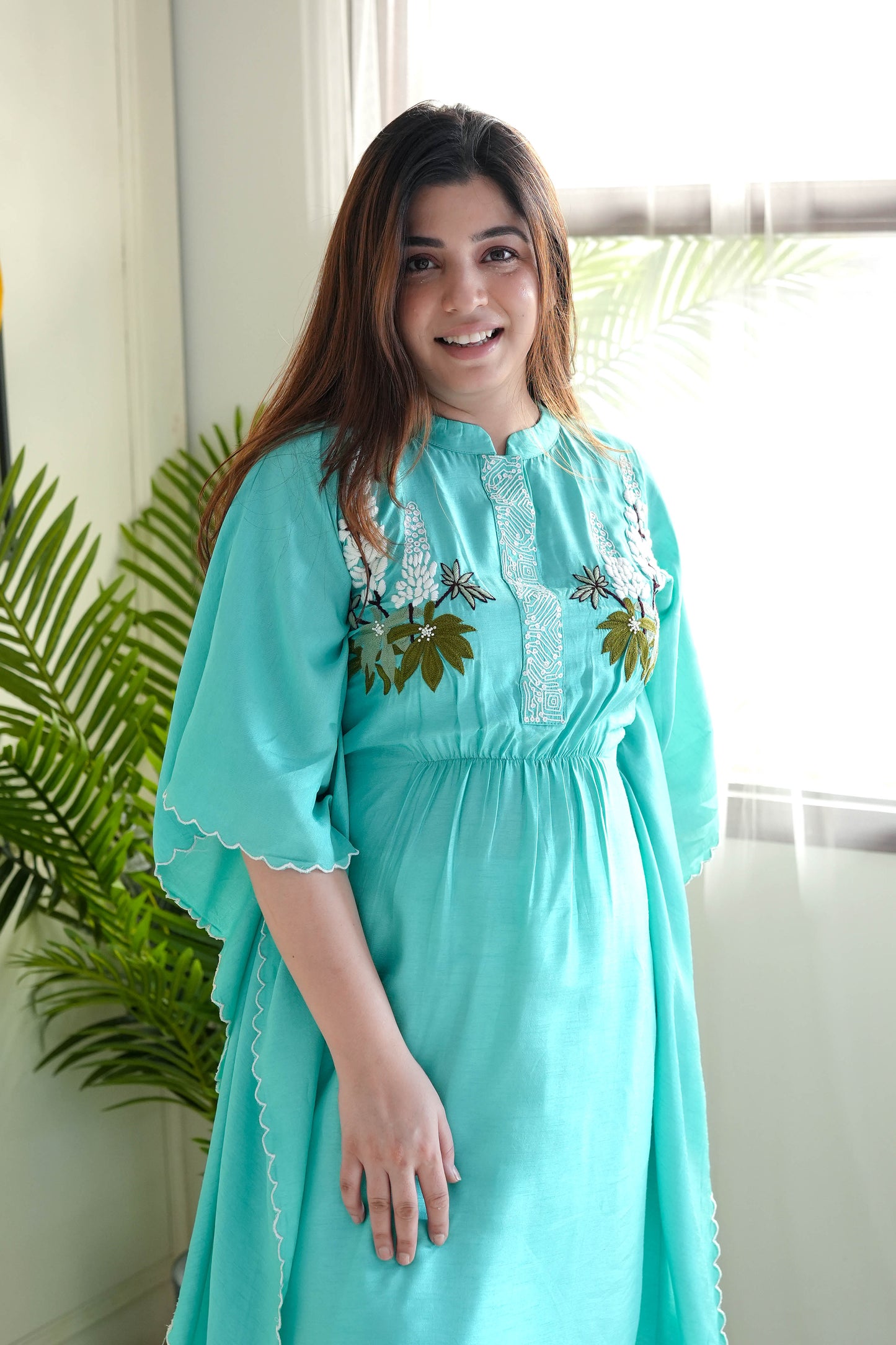 Saba Sea Green Hand Embroidered Kaftan Set