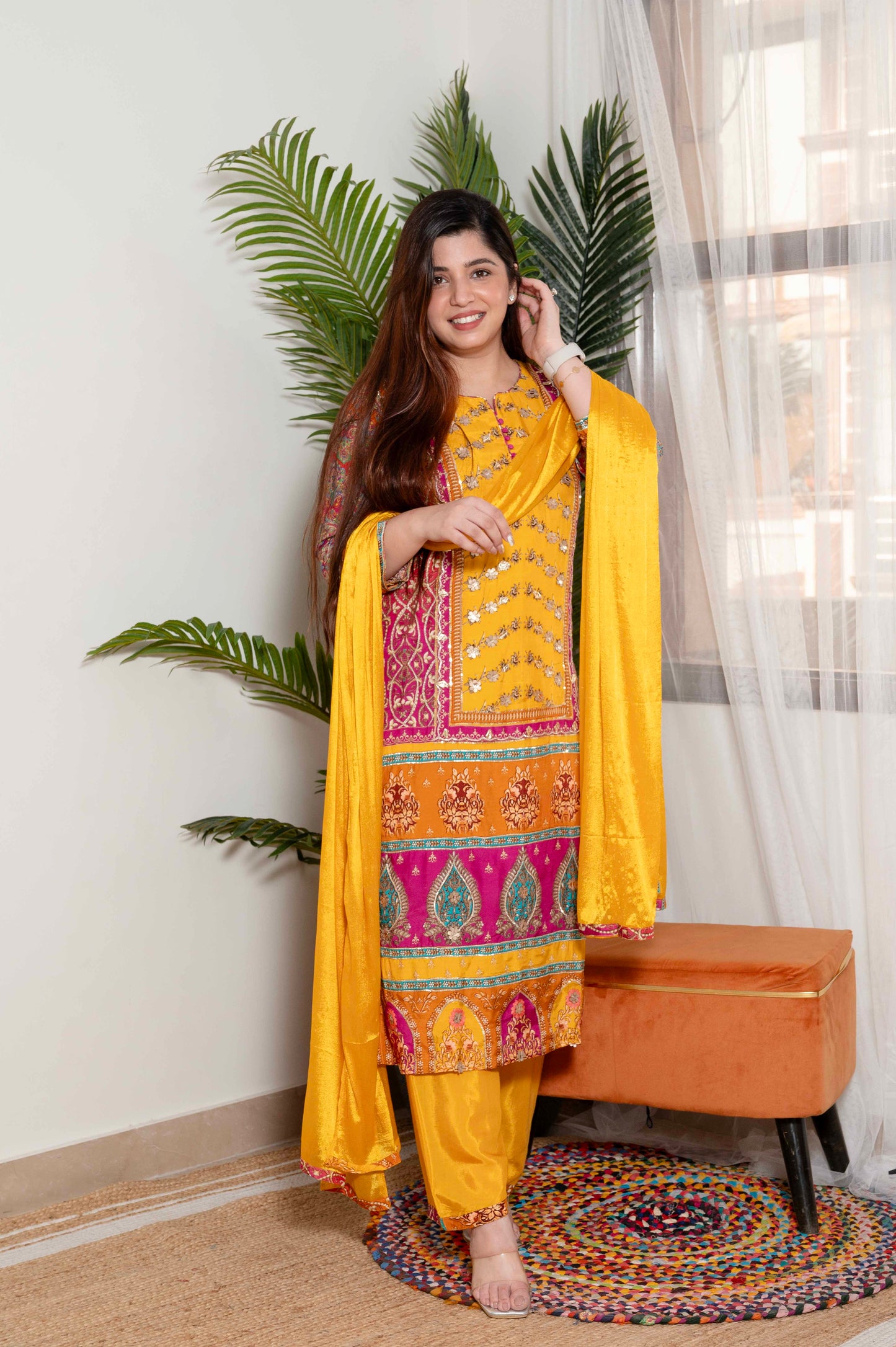 Sagari Yellow Printed Suit Set With Gotta Detailing