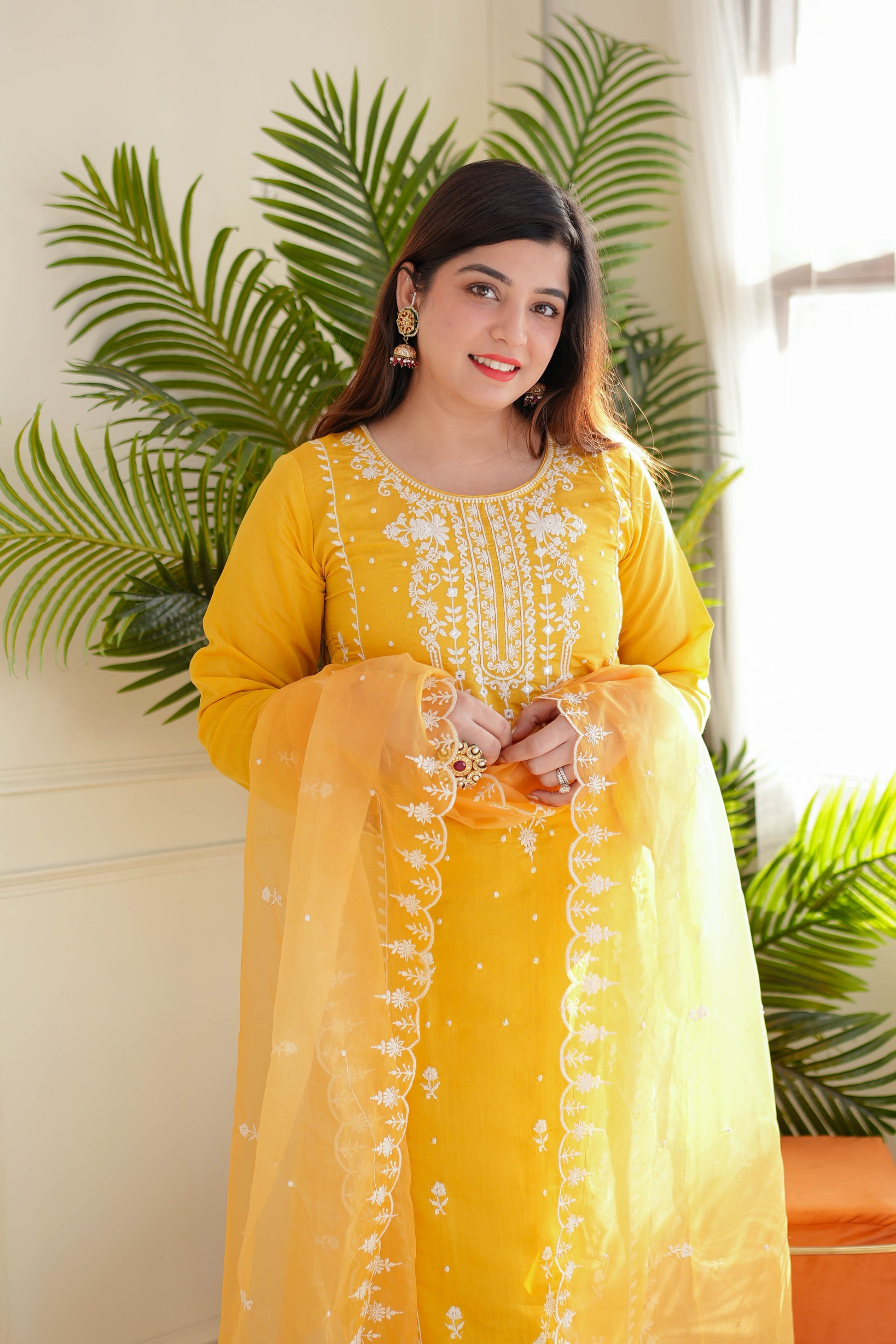 Madho Yellow Thread Work Suit Set