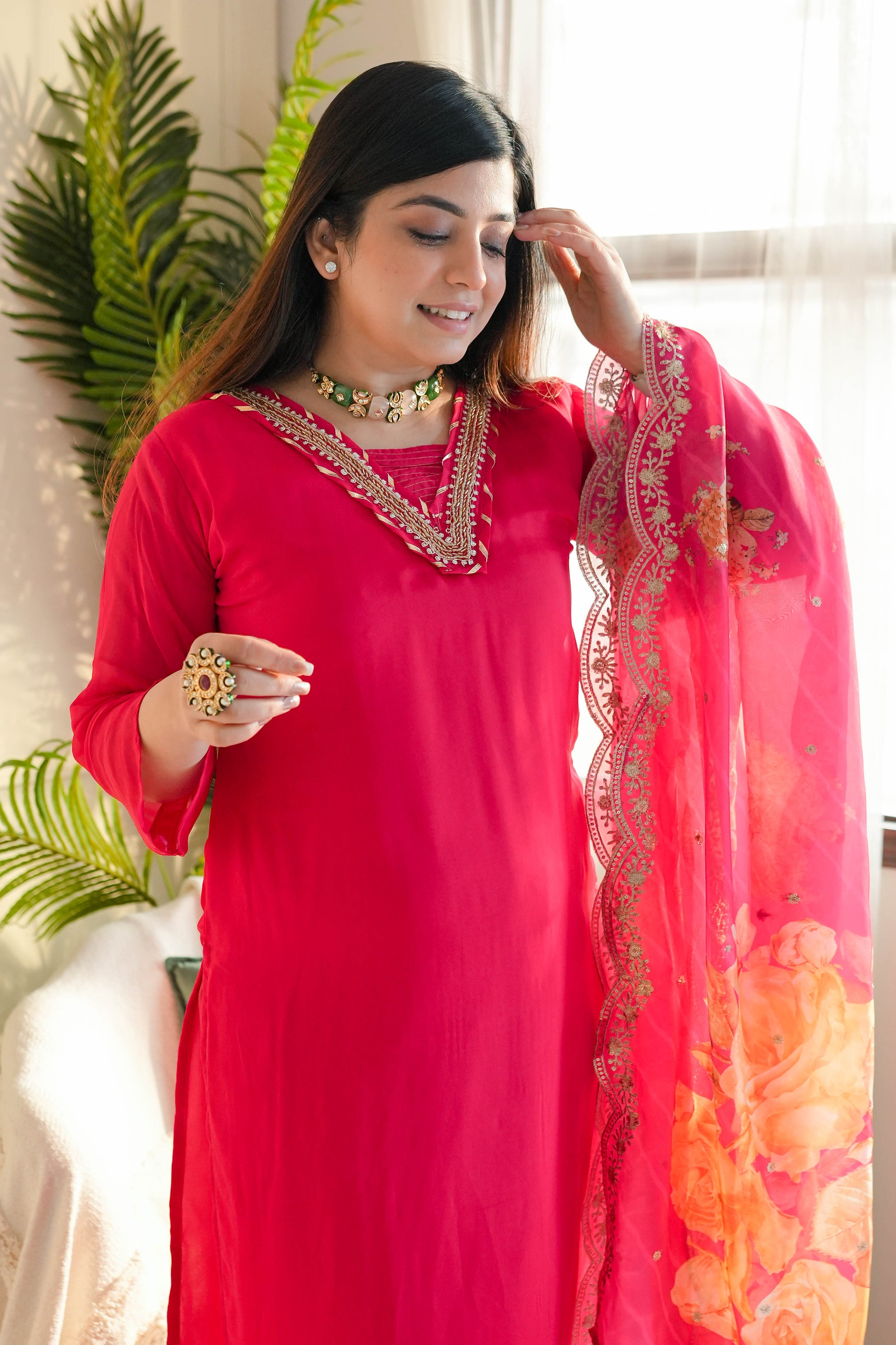 Ishrat Red Suit Set With Floral Dupatta