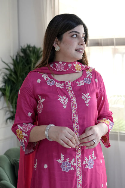 Mreeyal Pink Embroidered A line Silk Suit