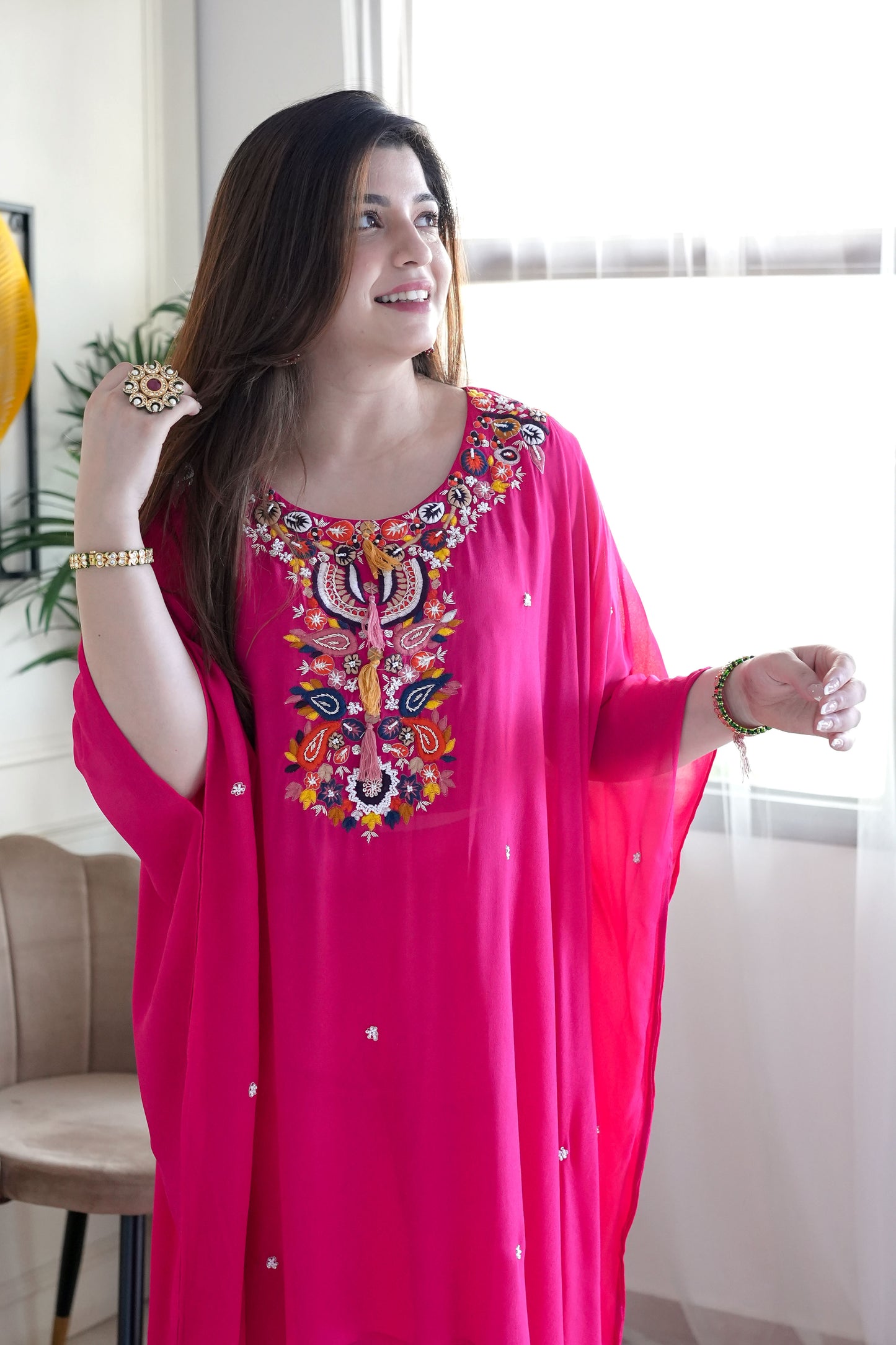 Yumna Hot Pink Embroidered Kaftan Set