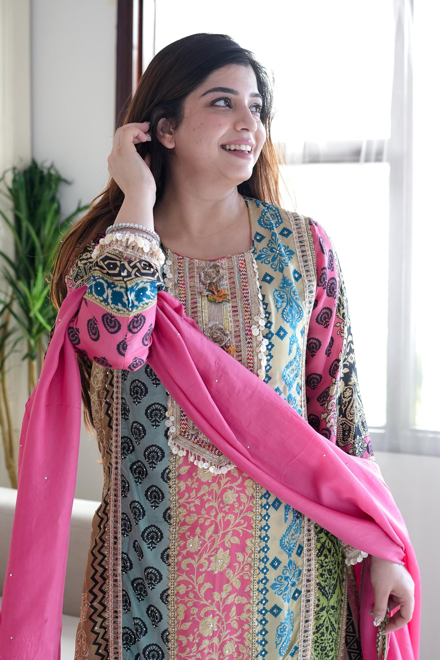 Tira Luxe Pink Embroidered Suit Set