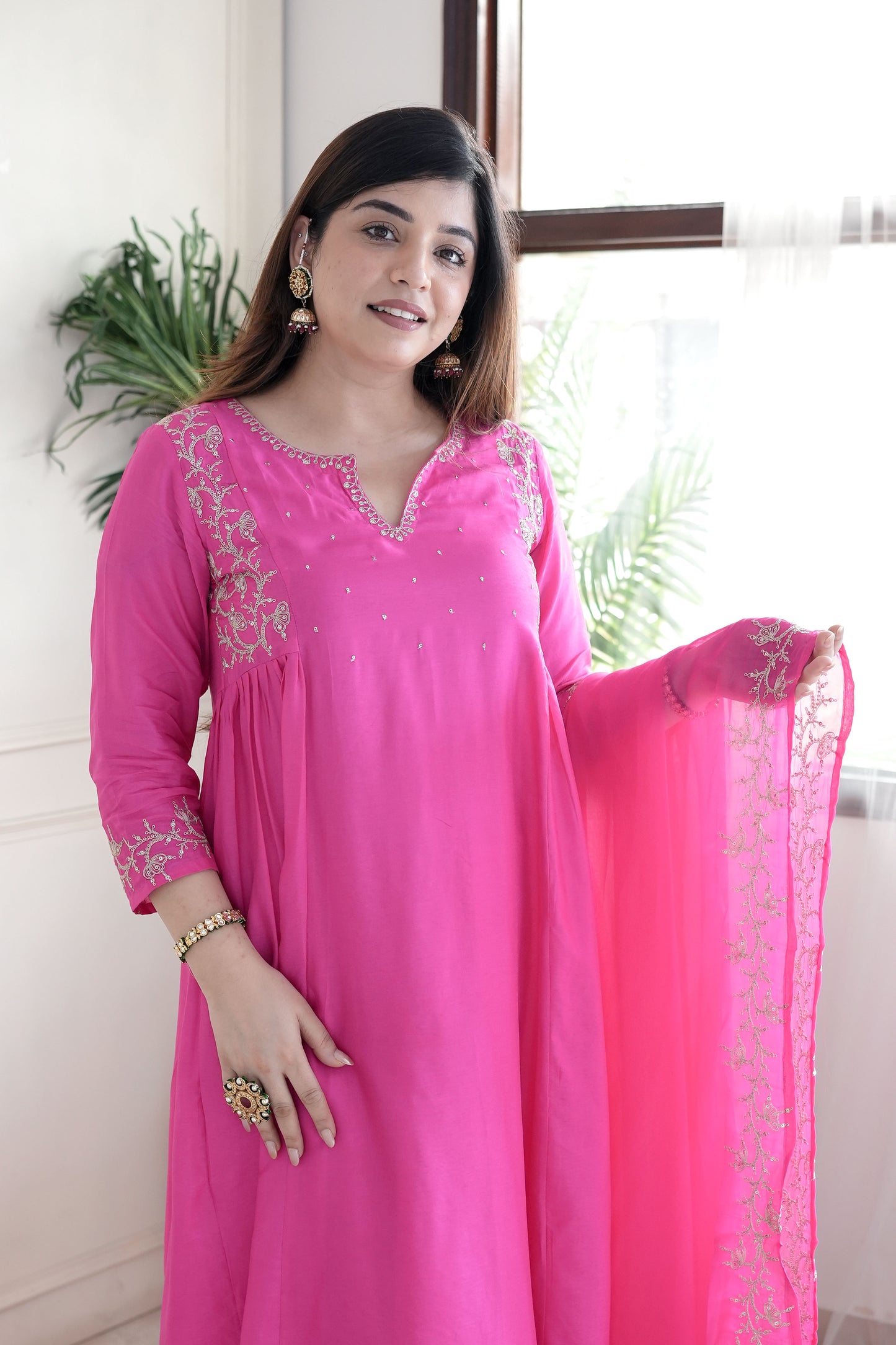 Simar Hot Pink Embroidered Anarkali Suit Set