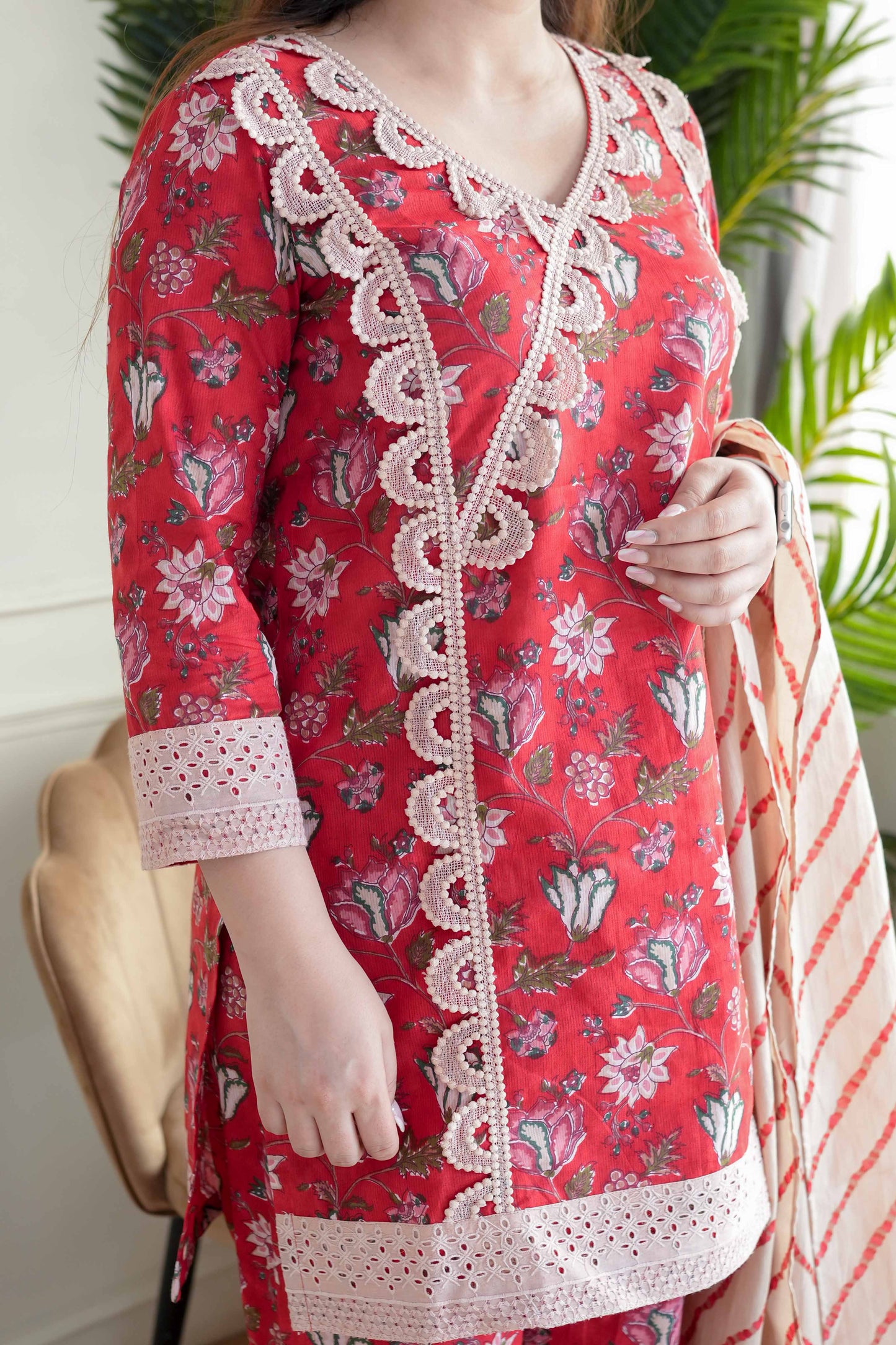 Meet Red Printed Cotton Suit Set