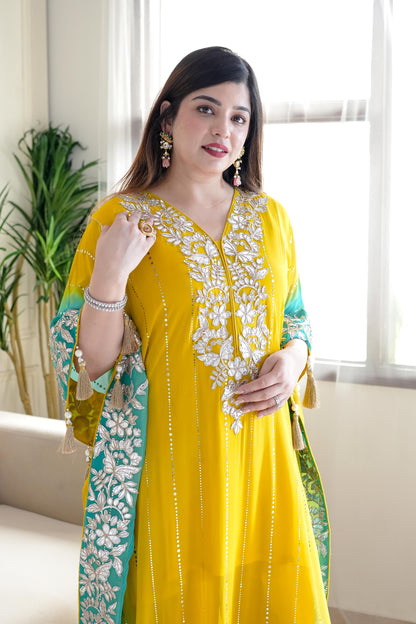 Nazma Yellow Gota Detailing Kaftan Set