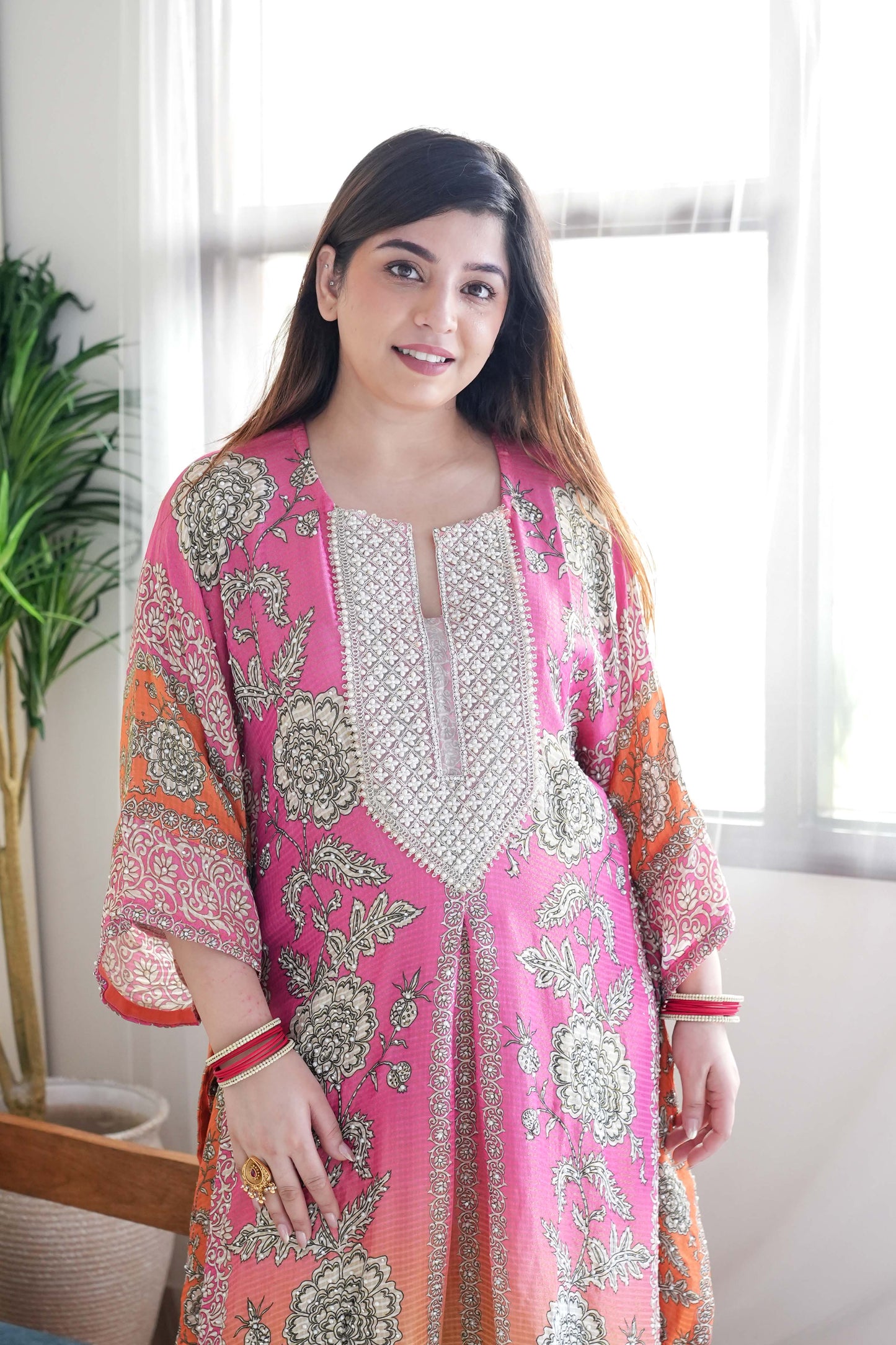 Sehrat Pink Ombre Printed Kaftan Set with Neck Embroidery