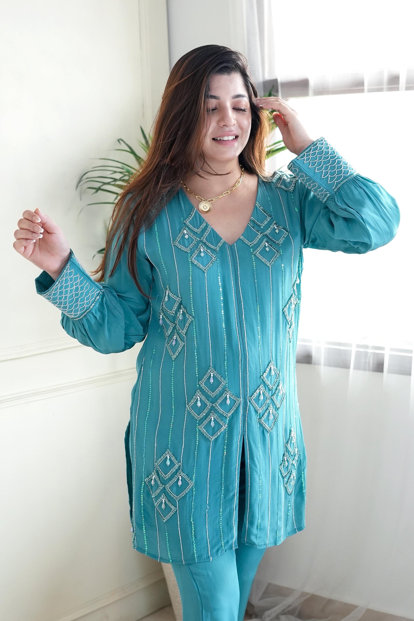 Gulab Turquoise Green Embroidered Co ord Set