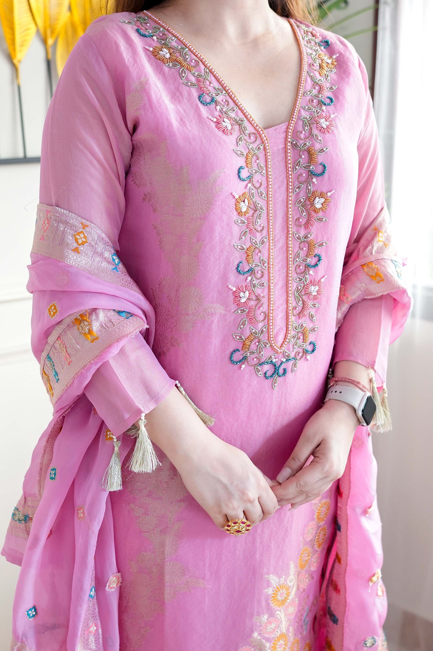 Begum Pink Silk Embroidered Suit Set