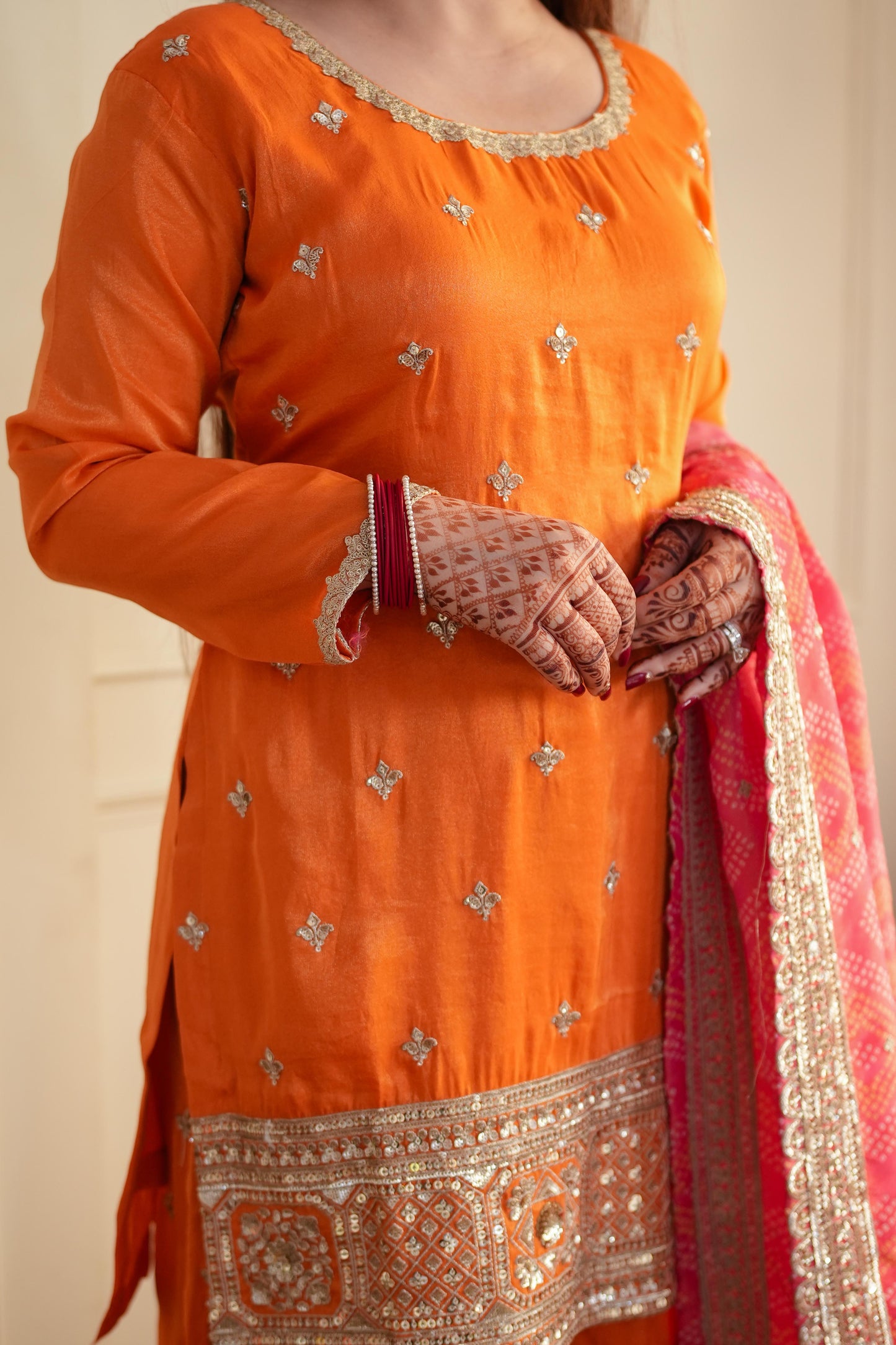 Anaira Orange Silk Suit With Bandhani Dupatta