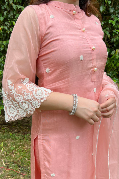 Sara Peach Silk Suit With Beads Detailing