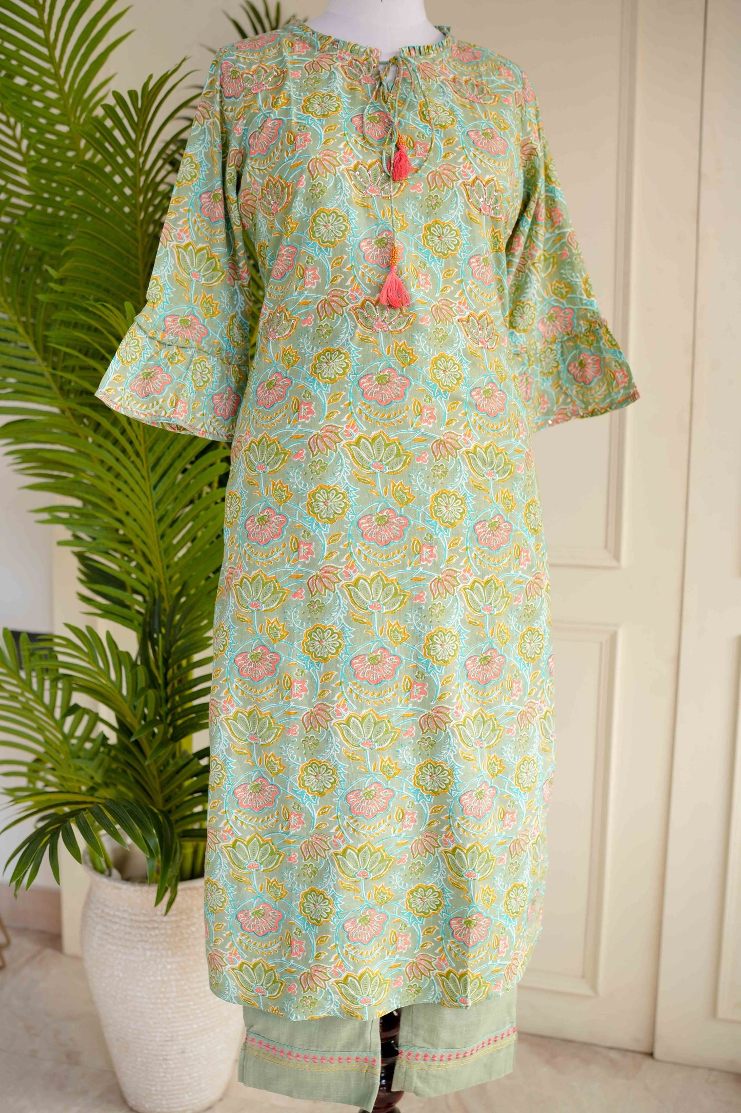 Green Frill Sleeves Printed Plazo Set