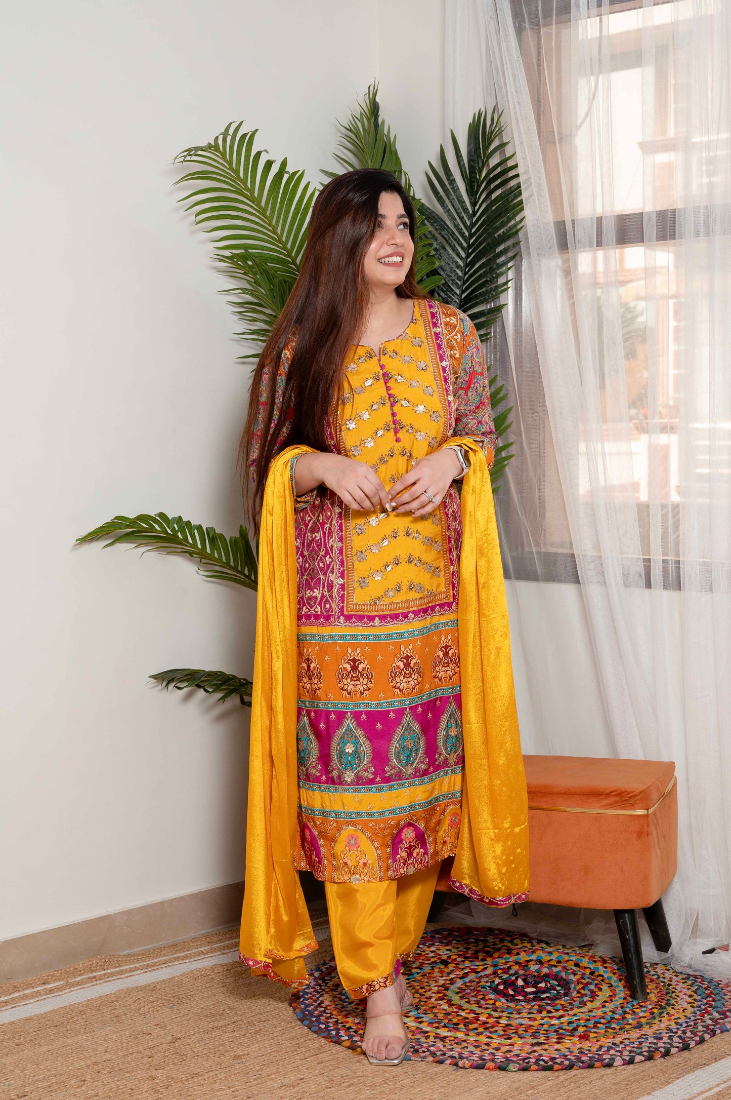 Sagari Yellow Printed Suit Set With Gotta Detailing