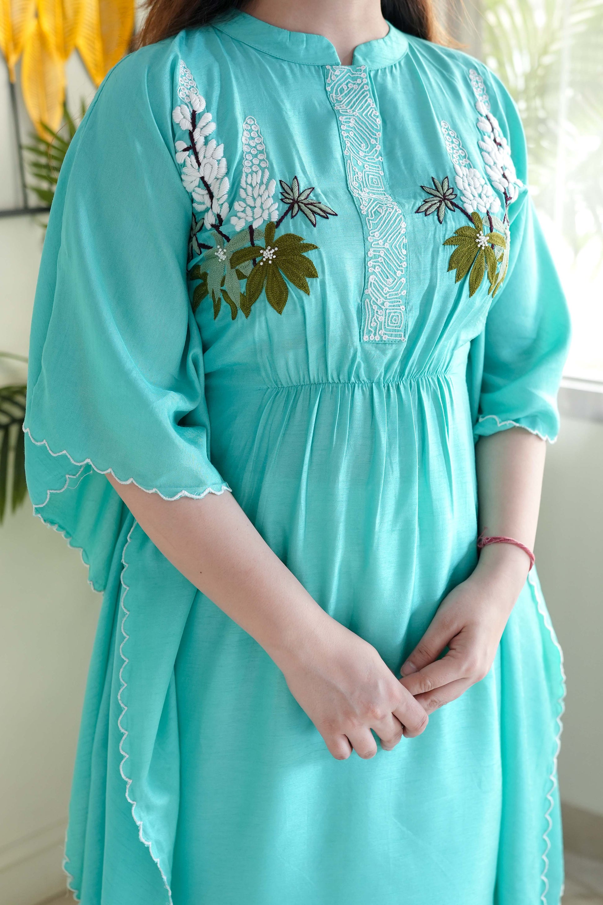 Saba Sea Green Hand Embroidered Kaftan Set