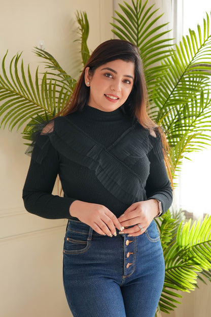 Uno Black Frill Knitted Top