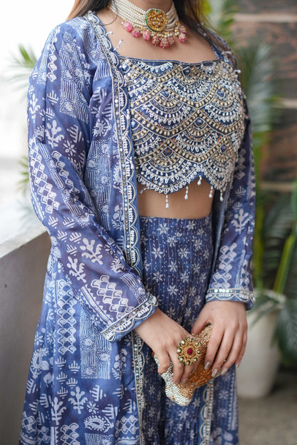 Mahi Blue Printed Three Piece Set