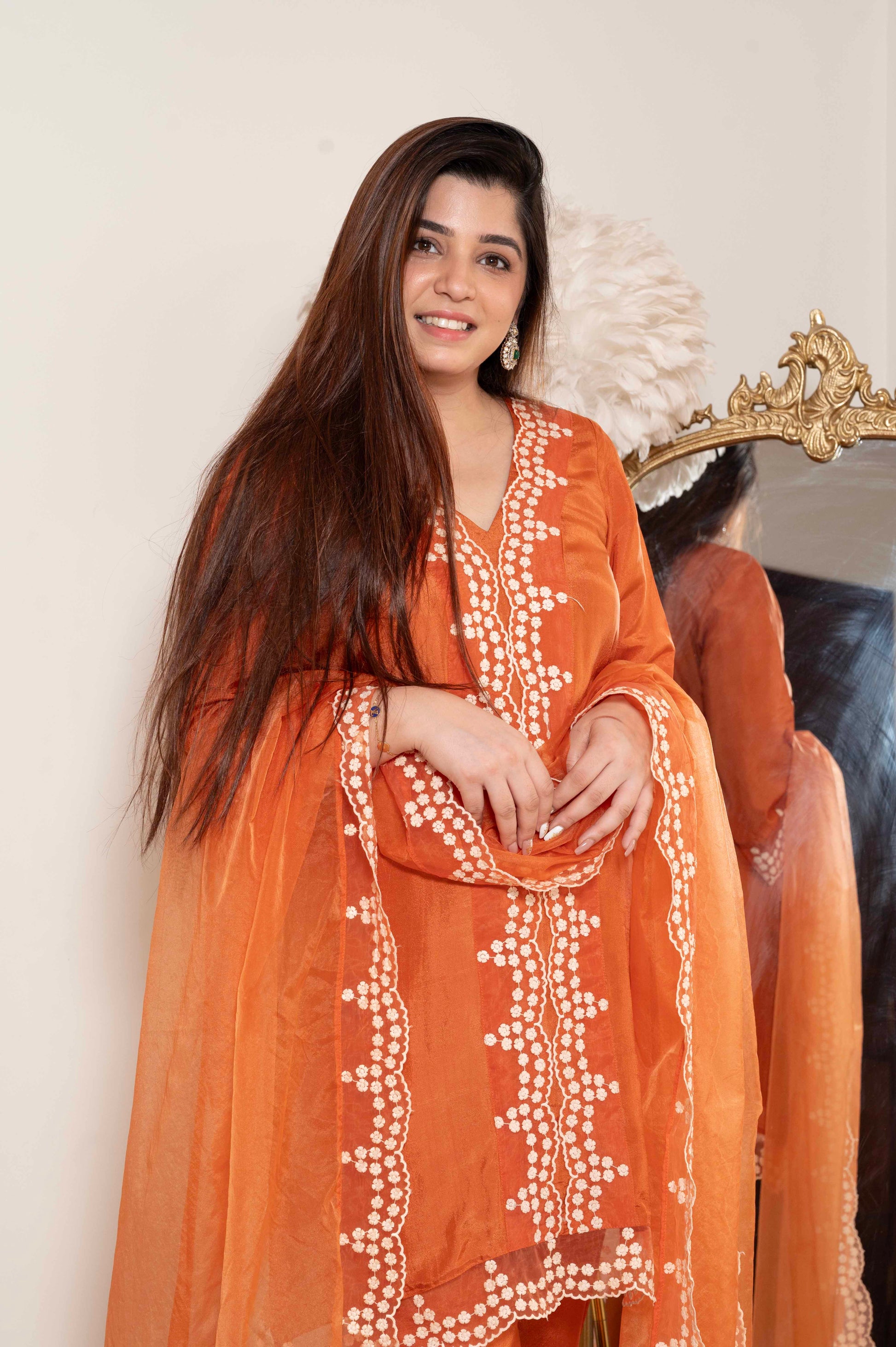 Sukh Rust Silk Suit Set With Schiffli Detailing