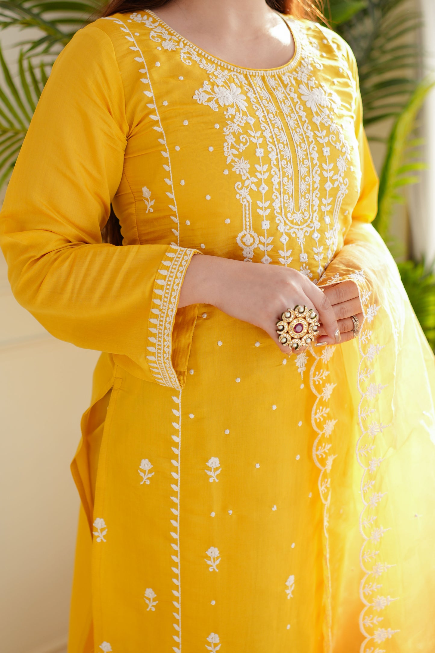 Madho Yellow Thread Work Suit Set