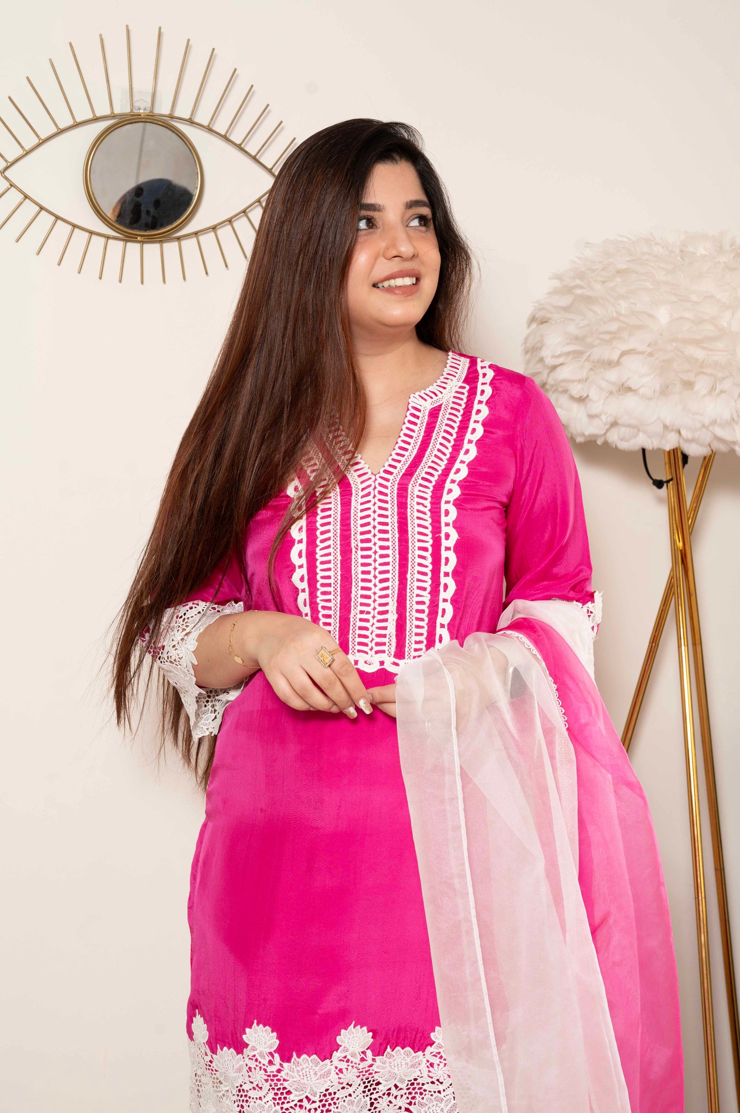 Tirana Pink Suit Set With Cutwork Detailing