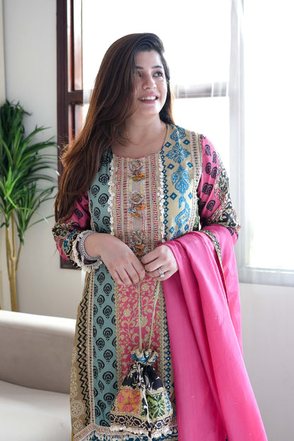 Tira Luxe Pink Embroidered Suit Set