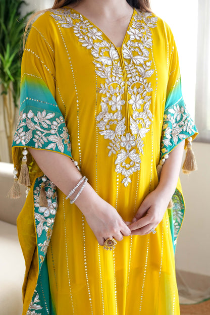 Nazma Yellow Gota Detailing Kaftan Set