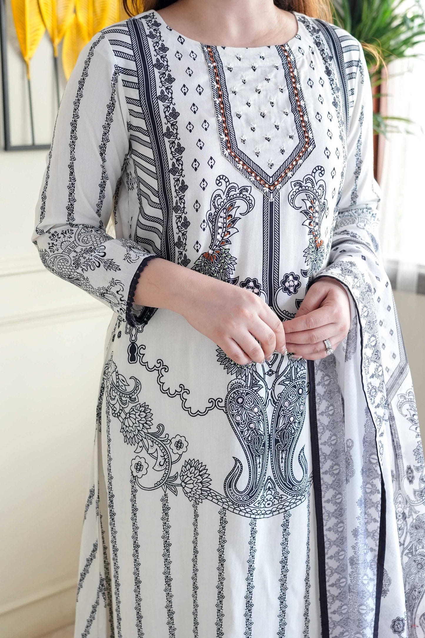 Salma White Printed Straight Suit Set