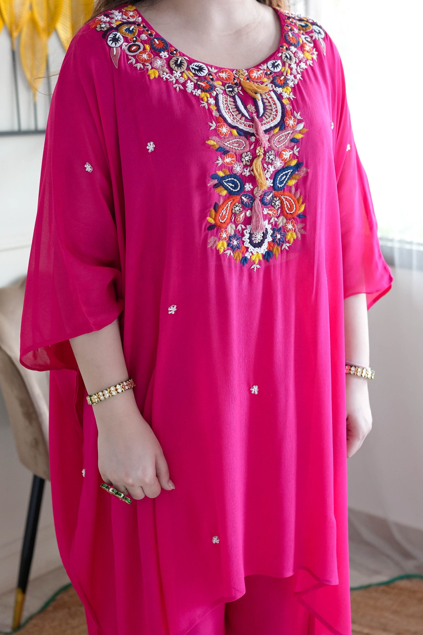 Yumna Hot Pink Embroidered Kaftan Set