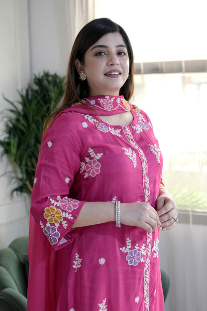 Mreeyal Pink Embroidered A line Silk Suit