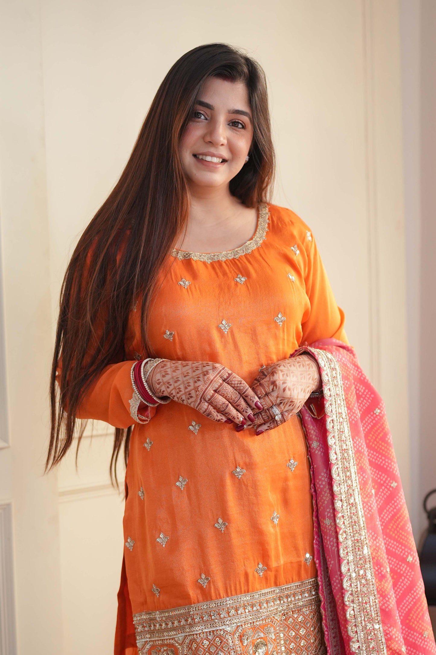 Anaira Orange Silk Suit With Bandhani Dupatta