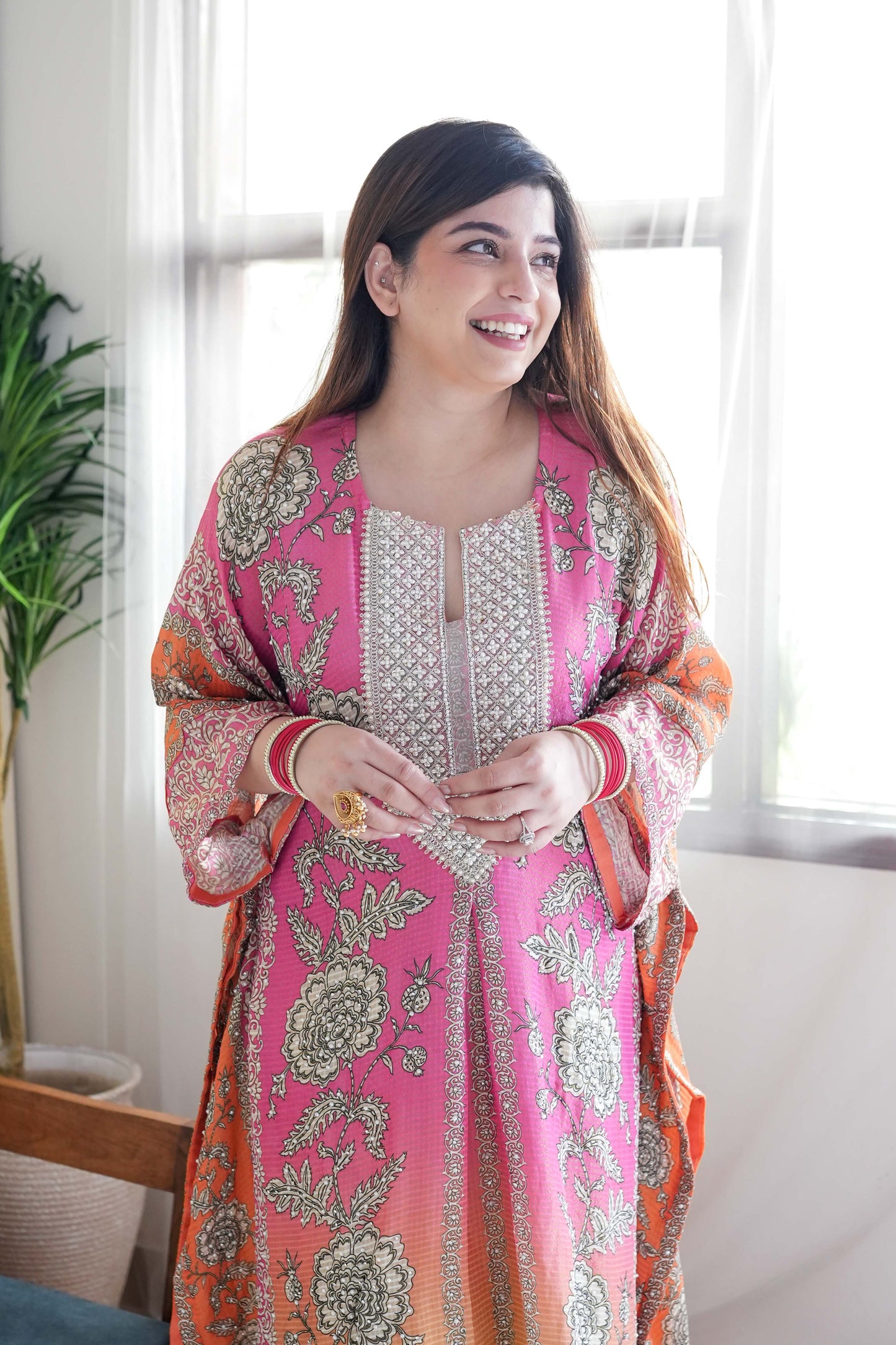 Sehrat Pink Ombre Printed Kaftan Set with Neck Embroidery