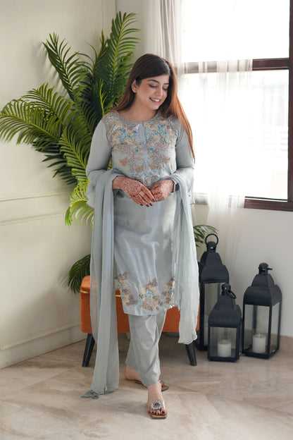 Grey Embroidered Silk Suit