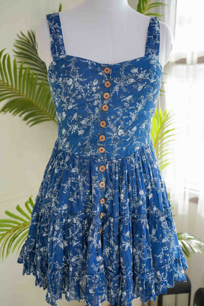 Blue Cut Sleeves Printed Frill Dress