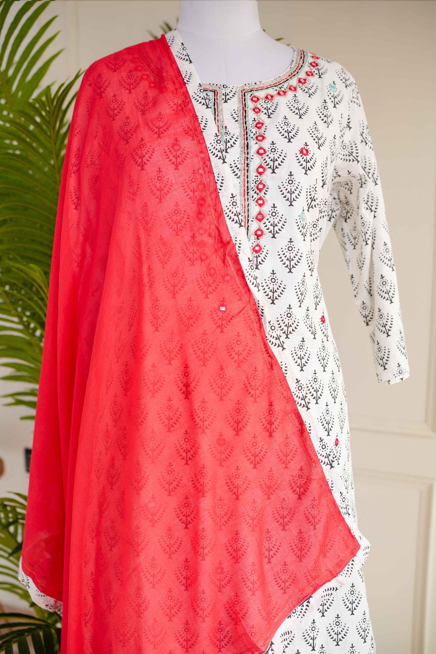 White Printed Suit Set with Red Dupatta