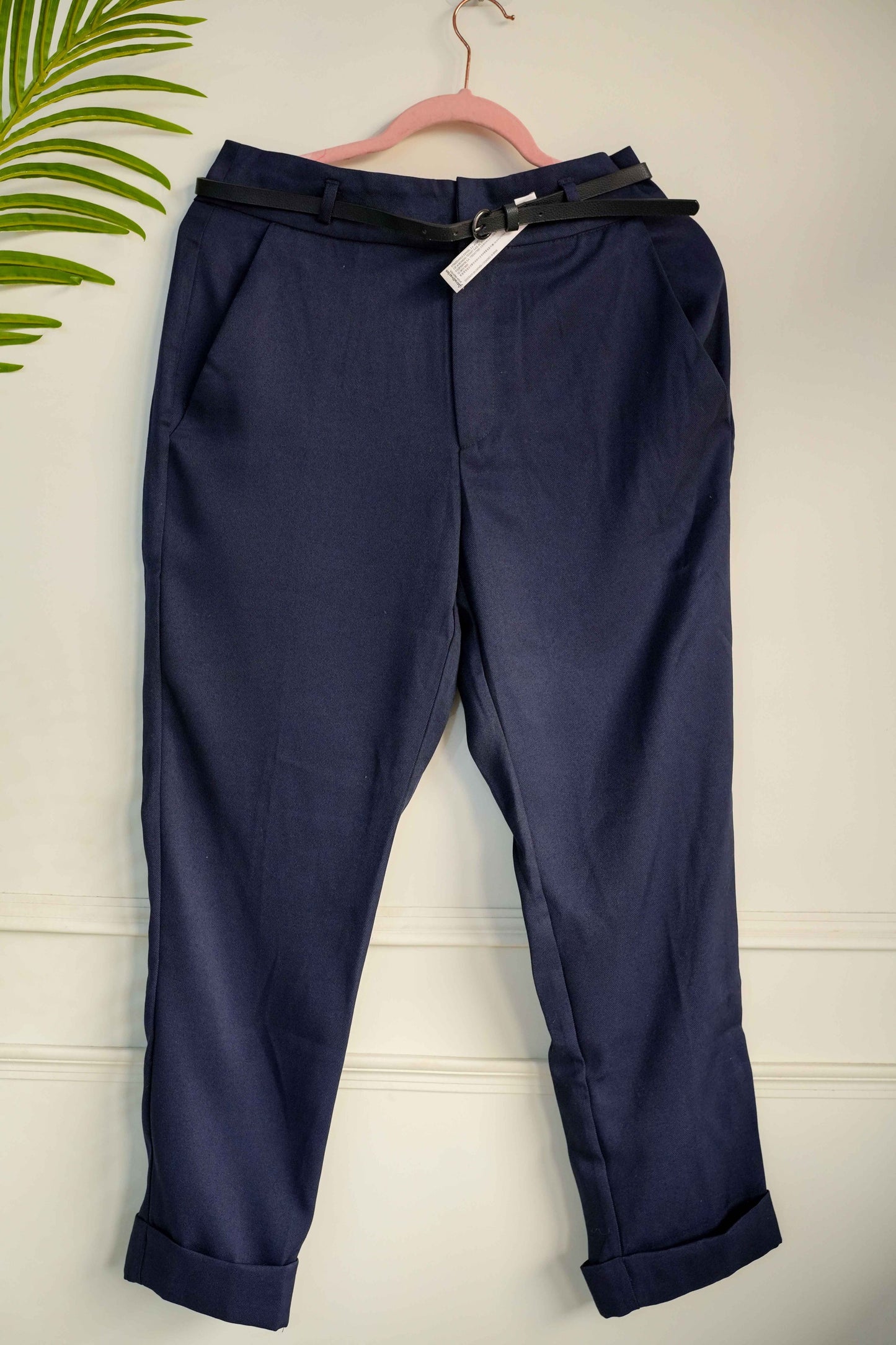 Navy Blue Straight Trousers with Belt