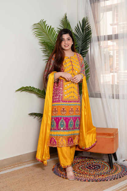 Sagari Yellow Printed Suit Set With Gotta Detailing