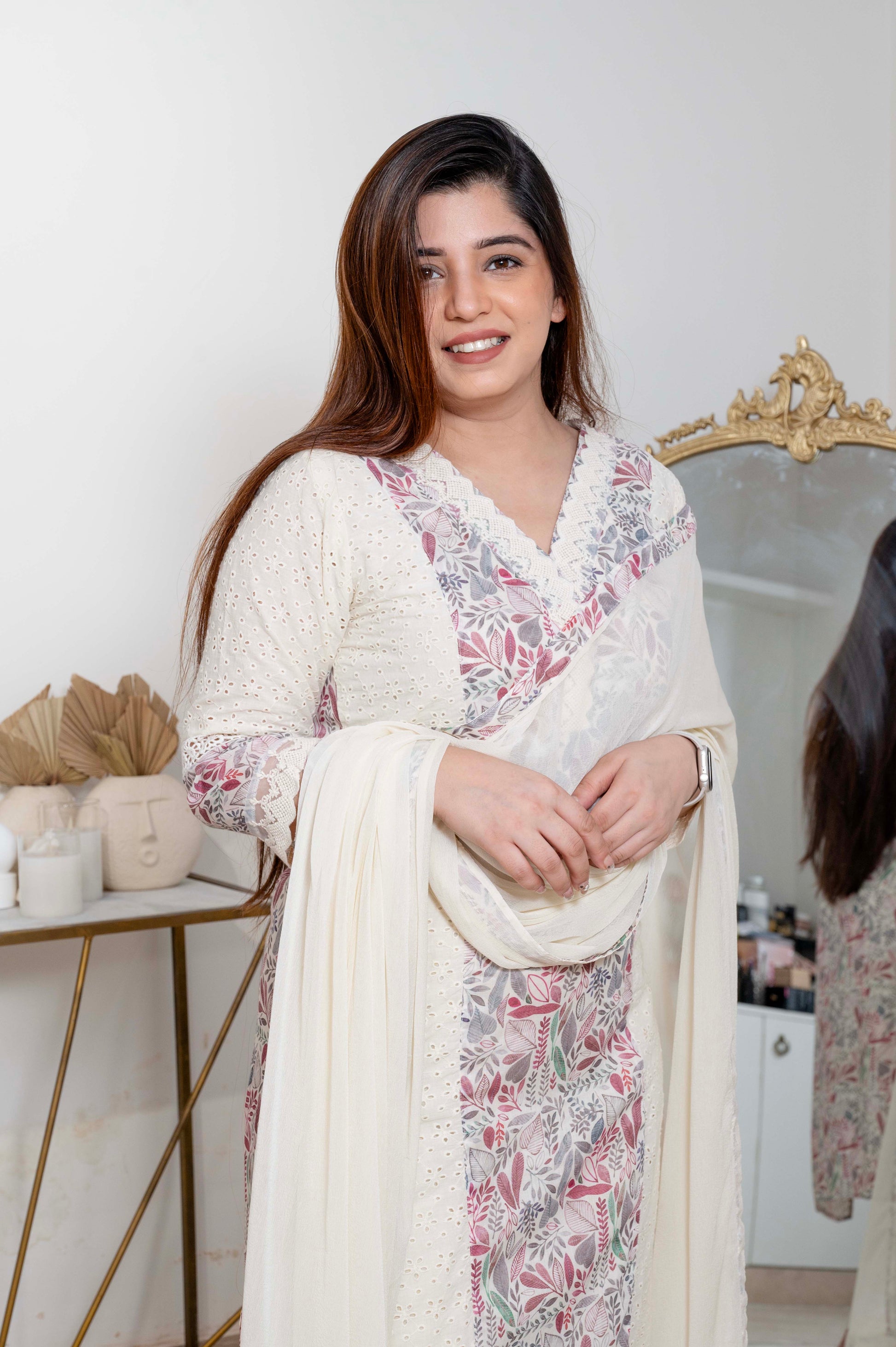 Keerat White Schiffli Suit Set