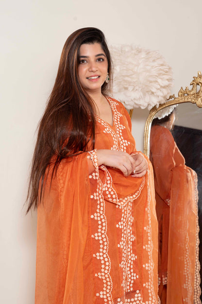 Sukh Rust Silk Suit Set With Schiffli Detailing