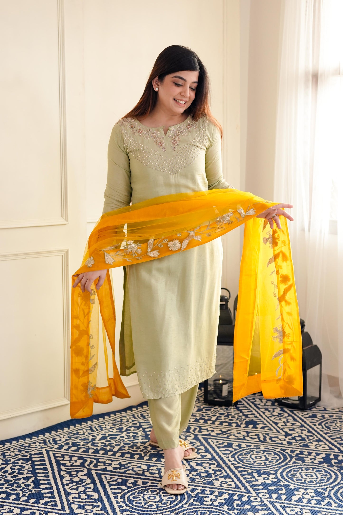 Keera Green Silk Suit With Contrast Dupatta